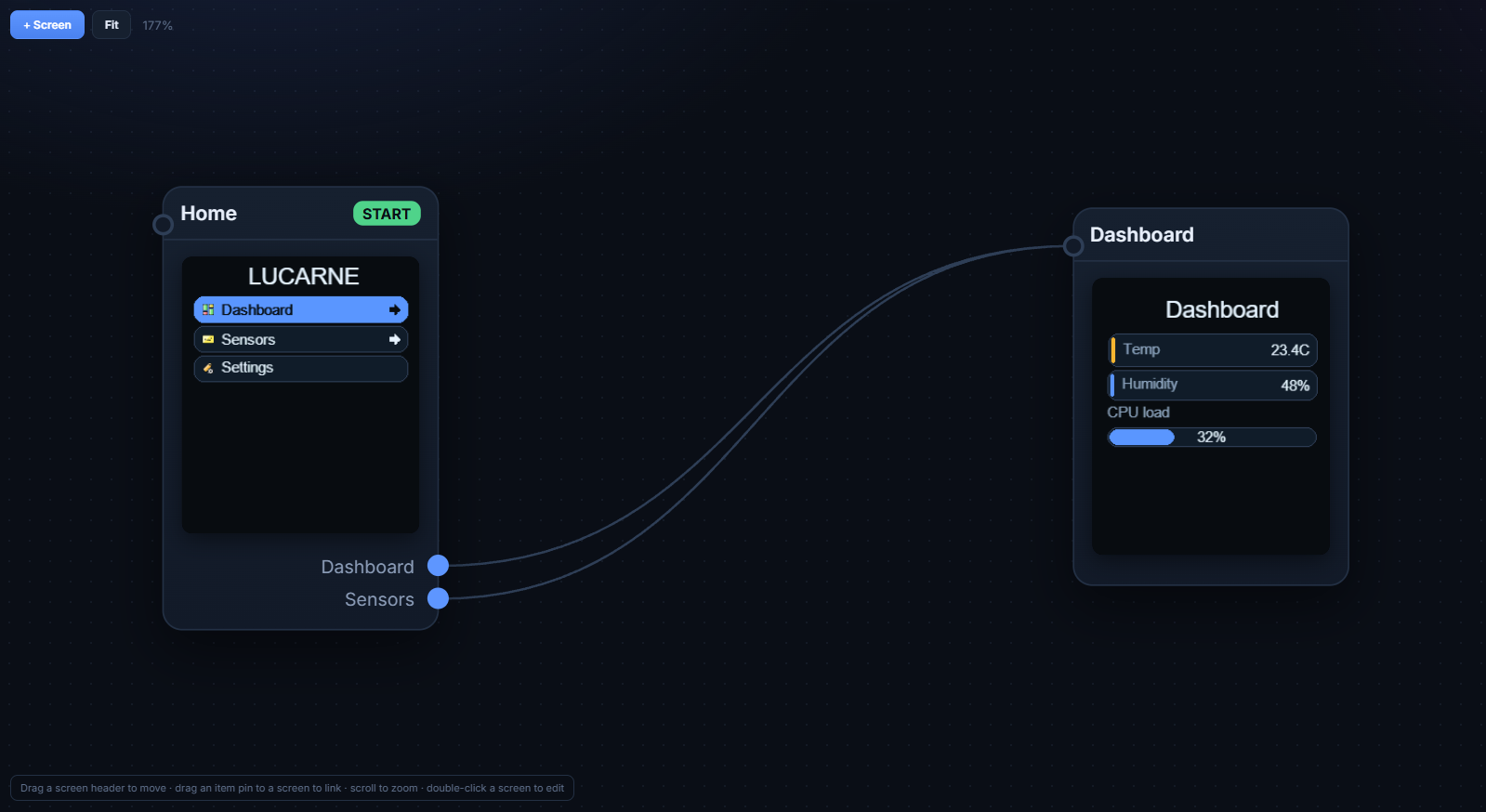 Blueprint — écrans Home et Dashboard reliés