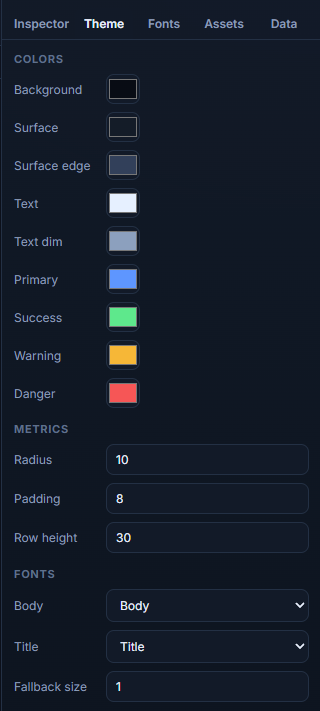 Onglet Theme — couleurs, métriques et polices